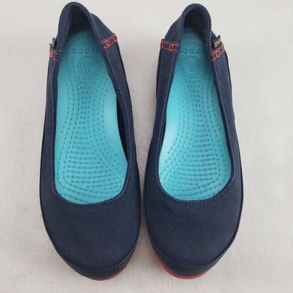 Crocs Skimmer Slip On Shoe Womens 7 Blue Comfort Stretch Sole Canvas Flat - Picture 2 of 10